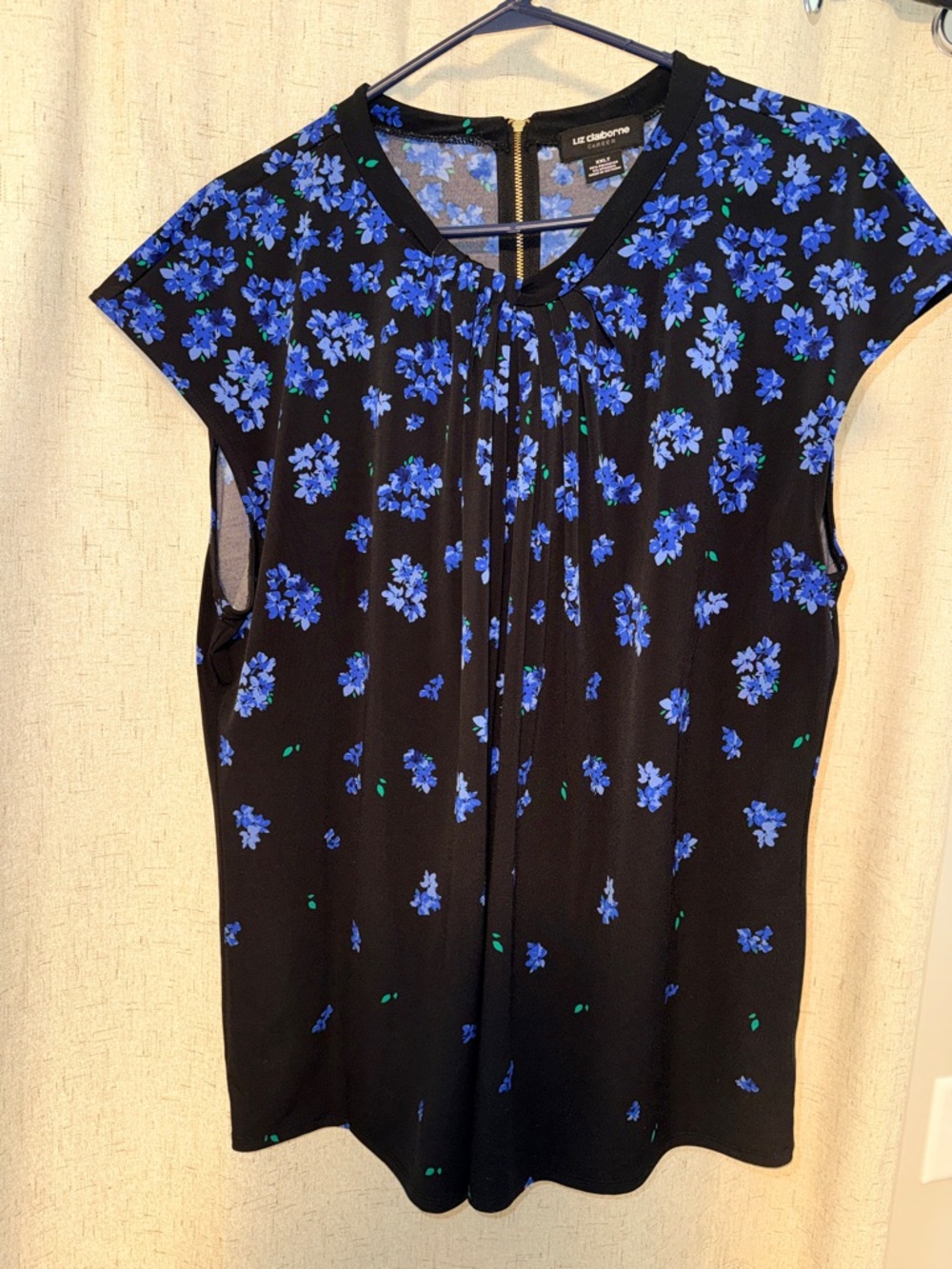 Liz Claiborne Black Blouse with Blue Floral Print